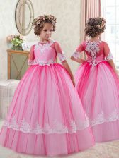 Custom Designed Tulle Scoop Half Sleeves Zipper Lace Pageant Gowns For Girls in Fuchsia