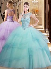  Scoop Beading and Ruffled Layers Quinceanera Dresses Aqua Blue Lace Up Sleeveless Brush Train