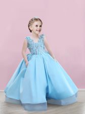 Fancy A-line Flower Girl Dress Baby Blue V-neck Satin Sleeveless Floor Length Zipper