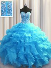 Amazing Visible Boning Baby Blue Sleeveless Beading and Ruffles Floor Length Vestidos de Quinceanera