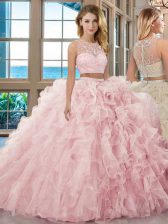  Baby Pink Organza Zipper Scoop Sleeveless Floor Length Quinceanera Dresses Beading and Ruffles