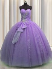 Dazzling Lavender Lace Up Sweetheart Beading and Sequins and Bowknot 15 Quinceanera Dress Tulle Sleeveless
