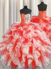 Modest Sleeveless Organza Floor Length Lace Up Quinceanera Dresses in Red with Beading and Ruffles