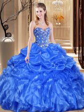  Organza Sweetheart Sleeveless Lace Up Lace and Appliques Ball Gown Prom Dress in Royal Blue