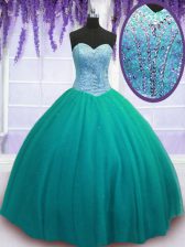 Latest Floor Length Turquoise Vestidos de Quinceanera Sweetheart Sleeveless Lace Up