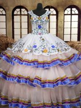 Beautiful Organza and Taffeta Straps Sleeveless Lace Up Embroidery and Ruffled Layers 15 Quinceanera Dress in White
