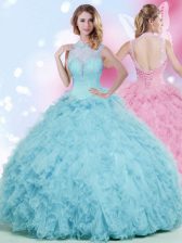 Customized Floor Length Ball Gowns Sleeveless Baby Blue Sweet 16 Dresses Lace Up