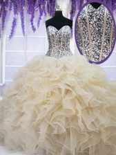Noble Floor Length Champagne 15th Birthday Dress Organza Sleeveless Beading and Ruffles