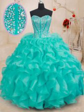 Customized Ball Gowns Ball Gown Prom Dress Turquoise Sweetheart Organza Sleeveless Floor Length Lace Up