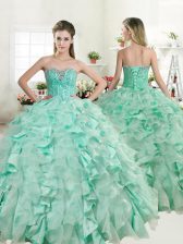  Apple Green Ball Gowns Beading and Ruffles Quince Ball Gowns Lace Up Organza and Taffeta Sleeveless Floor Length