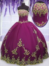 Beautiful Fuchsia Strapless Neckline Appliques Sweet 16 Quinceanera Dress Sleeveless Zipper