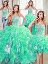 Graceful Four Piece Sequins Floor Length Turquoise 15th Birthday Dress Sweetheart Sleeveless Lace Up