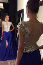 Pretty Royal Blue Sleeveless Sweep Train Beading 