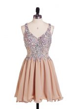 Fabulous Sleeveless Chiffon Knee Length Side Zipper Homecoming Dress in Peach with Beading