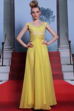 Glorious Scalloped Beading and Appliques and Pleated Prom Evening Gown Yellow Side Zipper Short Sleeves Floor Length