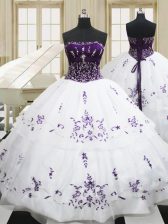 Custom Design White Ball Gowns Strapless Sleeveless Organza Floor Length Lace Up Beading and Embroidery Quinceanera Gowns