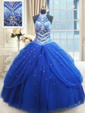 Excellent Halter Top Pick Ups Royal Blue Sleeveless Tulle Lace Up Sweet 16 Dress for Military Ball and Sweet 16 and Quinceanera