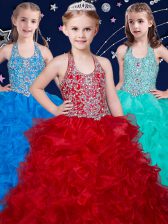  Halter Top Sleeveless Zipper Floor Length Beading and Ruffles Kids Formal Wear