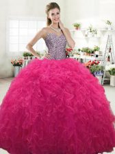 Flare Hot Pink Lace Up Sweetheart Beading and Ruffles Vestidos de Quinceanera Tulle Sleeveless