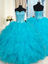 Excellent Aqua Blue Sleeveless Organza Lace Up 15 Quinceanera Dress for Military Ball and Sweet 16 and Quinceanera