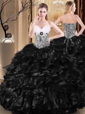 Amazing Floor Length Lace Up Quinceanera Gown Black for Military Ball and Sweet 16 and Quinceanera with Ruffles and Pattern