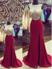 Custom Design Mermaid Burgundy Bateau Backless Beading Prom Dress Brush Train Sleeveless