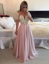  A-line Prom Dress Pink Scoop Chiffon Short Sleeves Floor Length Zipper