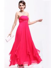  Hot Pink Strapless Neckline Beading and Ruching Sleeveless Zipper