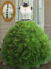 Flare Green Scoop Clasp Handle Appliques and Ruffles Ball Gown Prom Dress Sleeveless