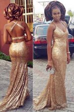  Gold Halter Top Criss Cross Sequins Prom Party Dress Brush Train Sleeveless