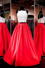  Red Backless Square Lace and Ruching Homecoming Dress Elastic Woven Satin Sleeveless