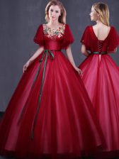 Dynamic Scoop Wine Red Lace Up Quinceanera Dress Appliques and Belt Short Sleeves Floor Length