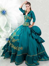  Sweetheart Sleeveless Sweet 16 Quinceanera Dress Floor Length Beading and Embroidery Teal Taffeta