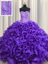  Visible Boning Lavender Lace Up Ball Gown Prom Dress Beading and Ruffles Sleeveless Floor Length