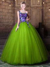 On Sale Olive Green Lace Up One Shoulder Pattern Sweet 16 Dress Tulle Sleeveless