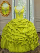 Super Straps Sleeveless Floor Length Beading and Pick Ups Lace Up Sweet 16 Quinceanera Dress with Yellow Green