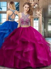  Tulle Scoop Sleeveless Brush Train Criss Cross Beading and Ruffles Ball Gown Prom Dress in Fuchsia