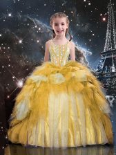  Gold Ball Gowns Spaghetti Straps Sleeveless Tulle Floor Length Lace Up Beading and Ruffled Layers Little Girl Pageant Gowns