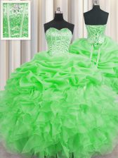  Visible Boning Floor Length Green Sweet 16 Dresses Organza Sleeveless Beading and Ruffles and Pick Ups