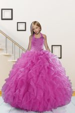 Customized Halter Top Pink Sleeveless Organza Lace Up Little Girls Pageant Dress for Party and Wedding Party