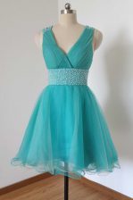 Custom Made Aqua Blue Tulle Criss Cross V-neck Sleeveless Knee Length Prom Dresses Beading