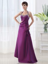  Halter Top Satin Sleeveless Floor Length Prom Gown and Beading and Ruching