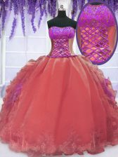 High Class Watermelon Red Organza Lace Up Strapless Sleeveless Floor Length Ball Gown Prom Dress Embroidery and Ruffles