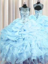 Adorable Scoop See Through Light Blue Sleeveless Beading and Ruffles and Pick Ups Floor Length Quinceanera Dress