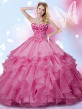 Excellent Sweetheart Sleeveless Quinceanera Dresses Floor Length Beading Rose Pink Organza