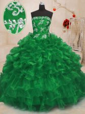 Simple Floor Length Green 15 Quinceanera Dress Organza Sleeveless Beading and Appliques and Ruffles
