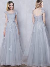  Scoop Grey Empire Lace and Appliques and Belt Damas Dress Lace Up Tulle Cap Sleeves Floor Length