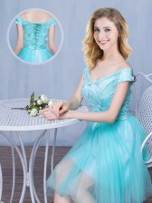  Off the Shoulder Knee Length Empire Cap Sleeves Aqua Blue Quinceanera Court of Honor Dress Lace Up