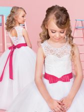 Charming Scoop Sleeveless Lace Up Floor Length Lace and Bowknot Flower Girl Dresses for Less