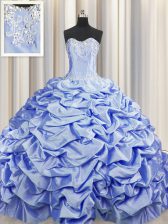  Brush Train Lavender Taffeta Lace Up Sweetheart Sleeveless Quinceanera Dresses Sweep Train Beading and Pick Ups